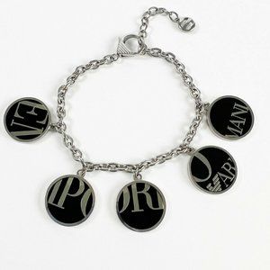 Emporio Armani Silver Tone and Black Logo Charm Adjustable Chain Bracelet